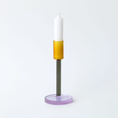 Glass Candlestick - Tall - Grey / Orange