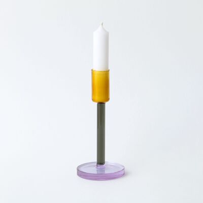 Glass Candlestick - Tall - Grey / Orange