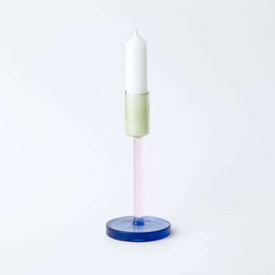 Glass Candlestick - Tall - Pink / Green