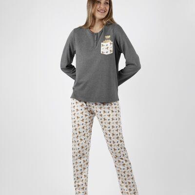 ADMAS Langärmliger, niedlicher Teddy-Pyjama mit Taschen für Damen - JASPE GRAU