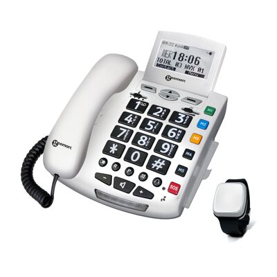 TELEFONO FISSO SERENITIES con Telecomando SOS Rilevamento Cadute - 30dB BIANCO