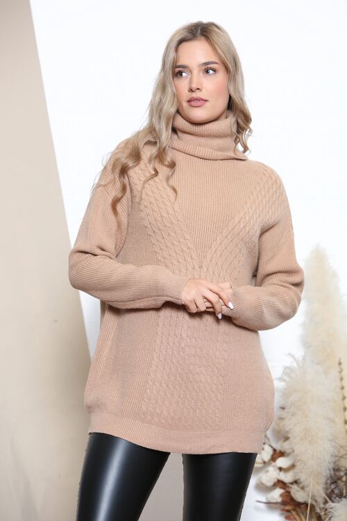 Camel V pattern knit turtle neck