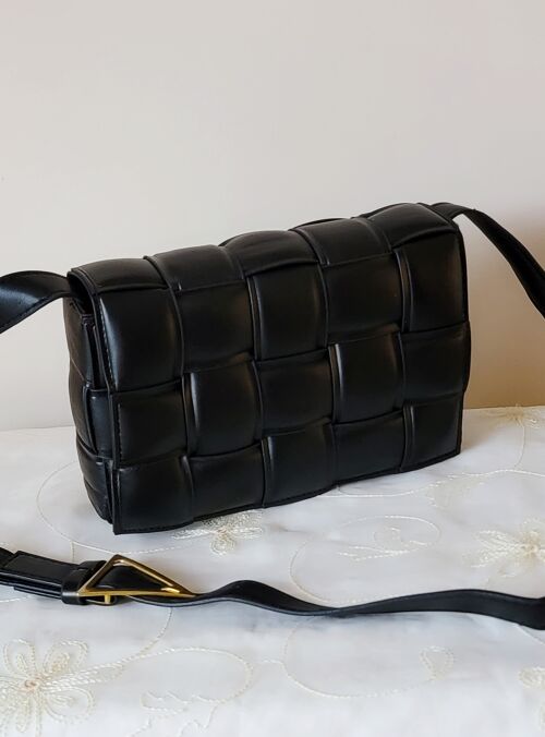 Handmade Women's Padded Crossbody Bag Buckle Shoulder Bag Intrecciato Pattern Bag with Long Adjustable Strap - GM005 black
