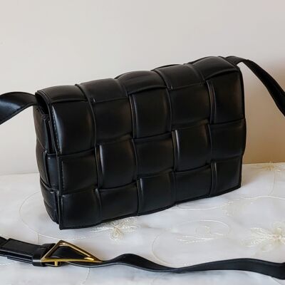 Handgefertigte gepolsterte Umhängetasche für Damen mit Schnalle, Intrecciato-Muster, Tasche mit langem, verstellbarem Riemen - GM005 schwarz