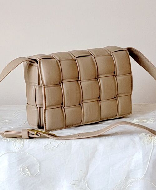 Handmade Women's Padded Crossbody Bag Buckle Shoulder Bag Intrecciato Pattern Bag with Long Adjustable Strap - GM005 khaki