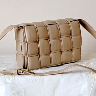 Handmade Women's Padded Crossbody Bag Buckle Shoulder Bag Intrecciato Pattern Bag with Long Adjustable Strap - GM005 khaki