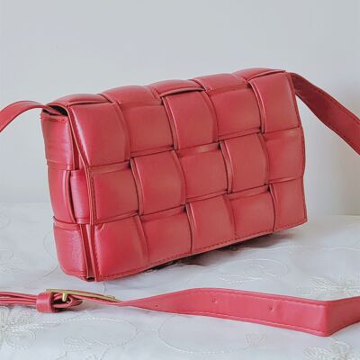 Handgefertigte gepolsterte Umhängetasche für Damen mit Schnalle, Intrecciato-Muster, Tasche mit langem, verstellbarem Riemen - GM005 rot