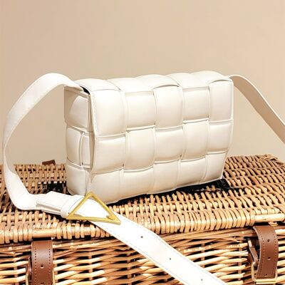 Handgefertigte gepolsterte Umhängetasche für Damen mit Schnalle, Intrecciato-Muster, Tasche mit langem, verstellbarem Riemen - GM005 weiß