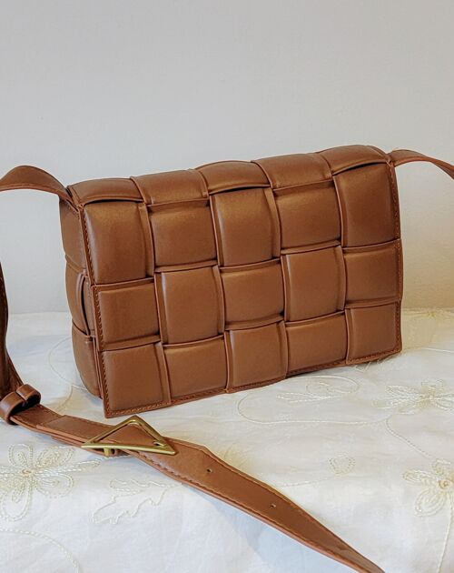 Handmade Women's Padded Crossbody Bag Buckle Shoulder Bag Intrecciato Pattern Bag with Long Adjustable Strap - GM005 brown