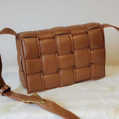 Handmade Women's Padded Crossbody Bag Buckle Shoulder Bag Intrecciato Pattern Bag with Long Adjustable Strap - GM005 brown