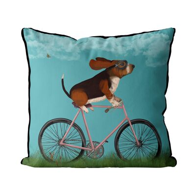 Basset Hound on Bicycle, Sky Blue, Dog Gift Pillow, Cushion, 45x45cm