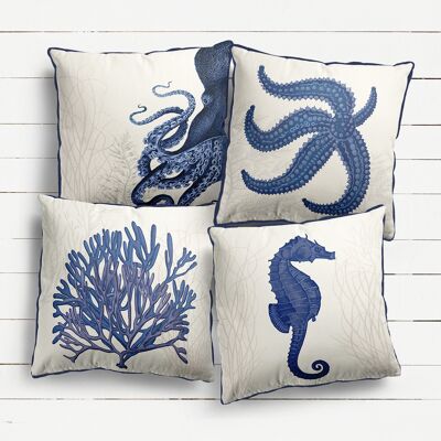 Blue With Seaweed, Set of 4, Nautical Pillow, Cushion, 45x45cms