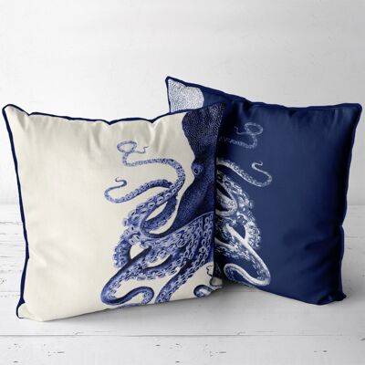 Blue & Cream Octopus, Pair Nautical Coastal Pillow, Cushion, 45x45cms