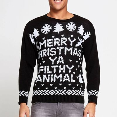 Schwarzer Weihnachtspullover „Merry Christmas Filthy Animal“ für Herren J1080