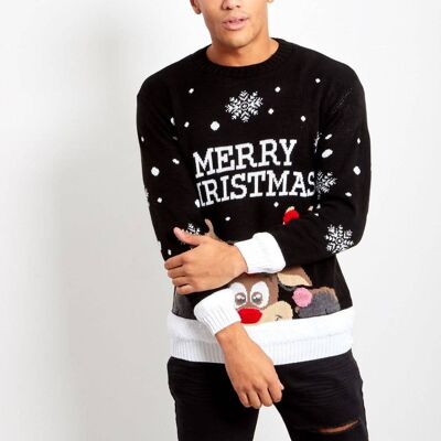 Maglione da uomo nero con pompon e renna di buon Natale J1067