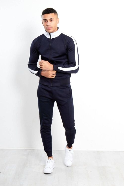 Navy White Tape Funnel Skinny Fit Tracksuit