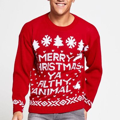 Roter Weihnachtspullover „Merry Christmas Filthy Animal“ für Herren J1080