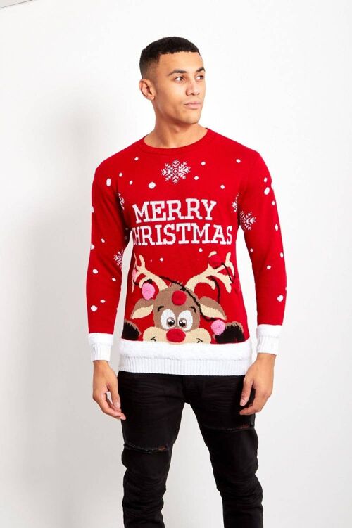 Red Mens Pom Reindeer Merry Christmas Jumper j1067