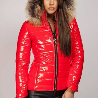 Red With Beige Fur Shinny Hooded Jacket