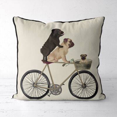 Pugs on Bicycle, Cream, Dog Gift Pillow, Cushion, 45x45cm