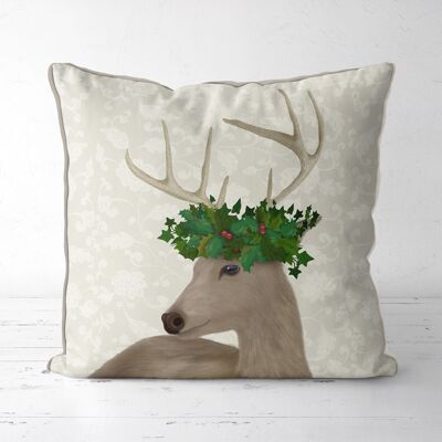 Deer and Holly Crown, Christmas Pillow, Cushion, 45x45cm