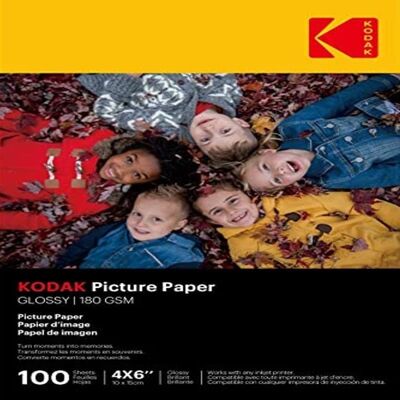 Papel fotográfico KODAK - Paquete de 100 hojas de papel fotográfico de calidad - Formato 10 x 15 cm (A6) - Acabado brillante - 180 g/m² - Compatible con todas las impresoras de inyección de tinta