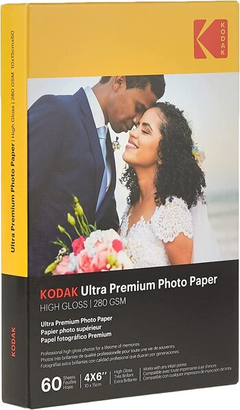 KODAK Ultra Premium Photo Paper - Pack de 60 feuilles de papier photo haut de gamme - Format 10 x 15 cm (A6) -  Finition très brillante - 280 gsm - Compatible avec toutes imprimante jet d'encre 1