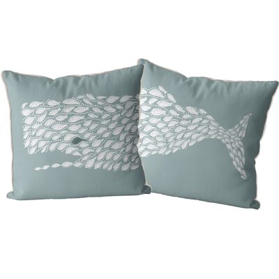 Fishy Whale Pair Set of 2, White on Grey Blue, Nautical Coastal Pillow, Cushion, 45x45cms