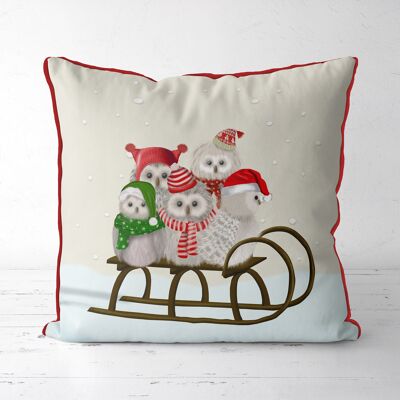 Owls Sledding in Snow, Christmas Pillow, Cushion, 45x45cm