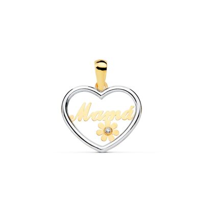 Colgante de Oro Bicolor con Corazon "Mama" con Flor y circon (8417C)