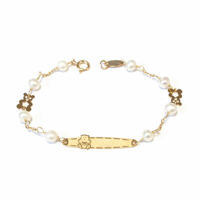 Pulsera bebe oro chapa osito y perlas (G1215PU)