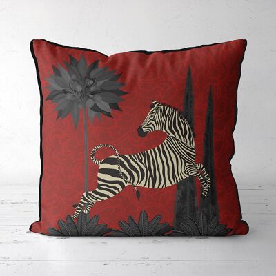 Dancing Zebra, Ruby red, Animalia Tropical Decor Pillow, Cushion, 45x45cm