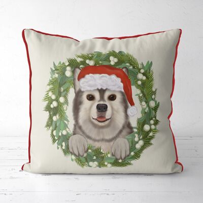 Husky Dog Wreath, Christmas Pillow, Cushion, 45x45cm