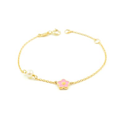 Pulsera Bebe Oro Amarillo flor motivo rosa esmalte y perla (9kts) (G1444PU9K)