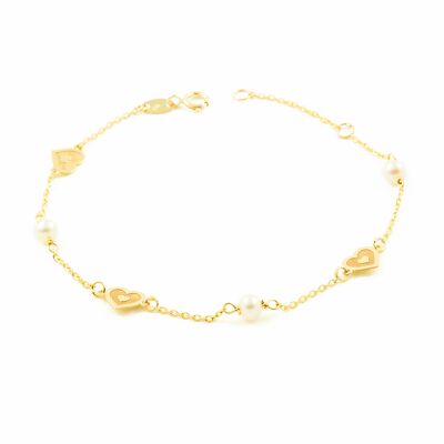 Pulsera Oro amarillo corazones mate y brillo con perlas (9kts) (G1535PU9K)