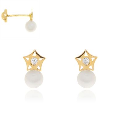 Pendientes Niña Oro 18k Tu y yo Estrella Perla Redonda 4 mm Circonita (T1690P)