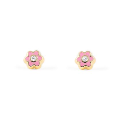 Pendientes Bebe/Niña Oro 18k Flor Esmalte Rosa Claro Circonita (T1664P-Rosa)