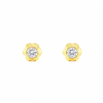 Pendientes Niña Oro 18k Flan Flor Tallados Circonita (T1736P)