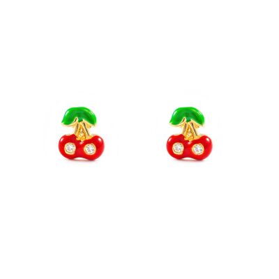 Pendientes Niña Oro 18k Cerezas Esmalte Rojo/Verde Circonita (T1826P)