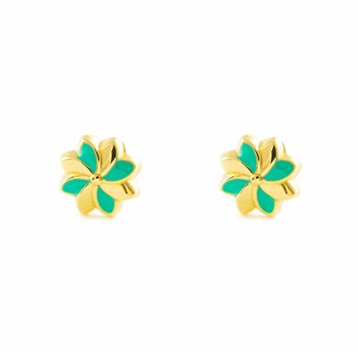 Pendientes Niña Oro 18k Flor Esmalte Verde (T1829P-Verde)