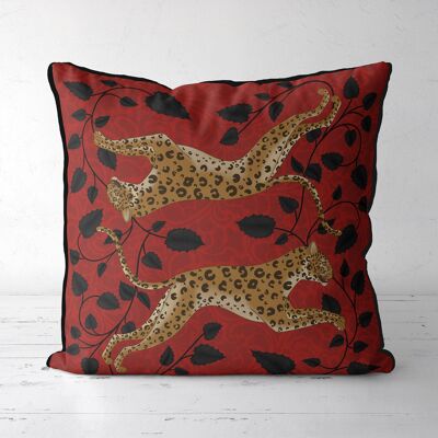 Leopard Twins, Ruby red, Animalia Tropical Pillow, Cushion, 45x45cm