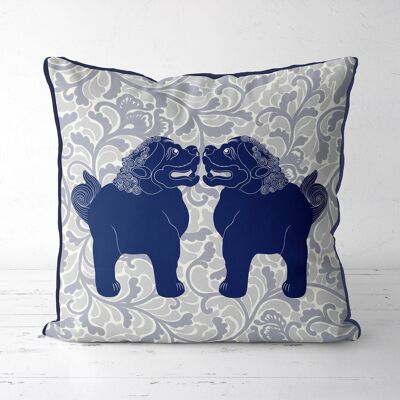 Foo Dog Twins, Blue, Chinoiserie Pillow, Cushion, 45x45cm