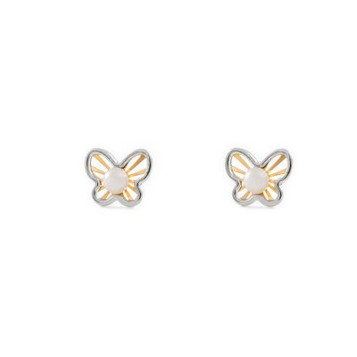 Pendientes Niña Oro Bicolor 9k Mariposa Perla Botón 3,5 mm Mate y Brillo (T2295P9K)