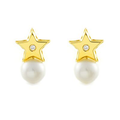 Pendientes Mujer/Niña Oro 18k Tu y yo Estrella Perla Redonda 6 mm Circonita (T2677P)