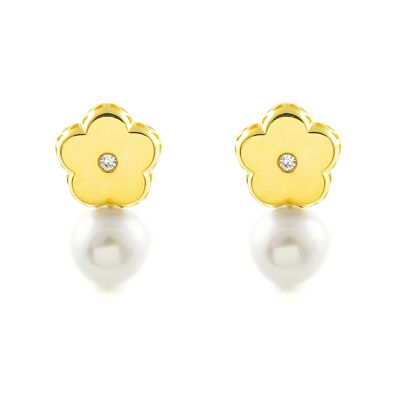 Pendientes Mujer/Niña Oro 18k Tu y yo Flor Perla Redonda 6 mm Circonita (T2678P)