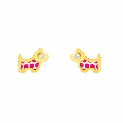 Pendientes Bebe/Niña Oro 9k Perro Esmalte Rosa Circonita (T2680P9K)