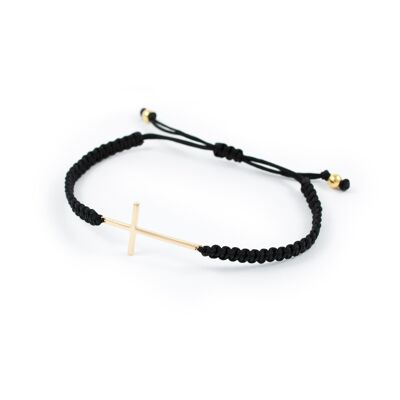 Pulsera macrame negro con cruz en plata dorada (X1498PUDO-Negro)