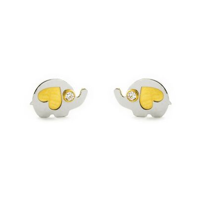 Pendientes Niña Oro Bicolor 9k Elefante Circonita Mate y Brillo (T2714P9K)