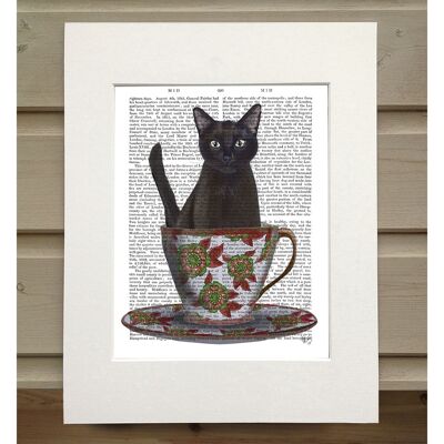 Black Cat in Teacup, Book Print, Art Print, Wall Art
