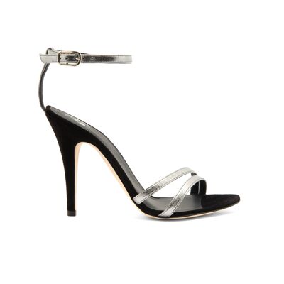 Sara Sandal Silver Laminate Black Suede 110mm